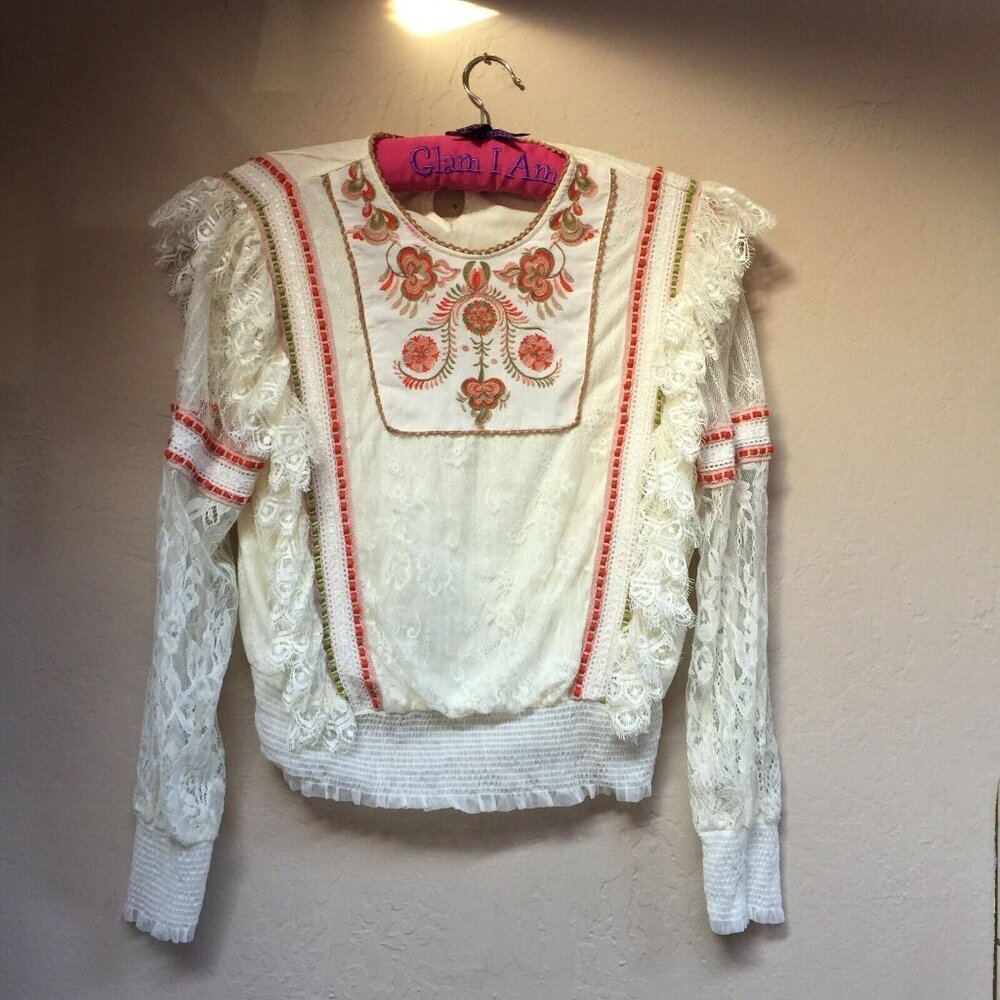 Anthropologie Blank London Embroidered Tali Lace Blouse Small Long Sleeve White